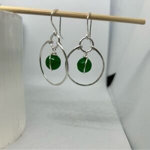 Silver and Green Hoop dangle earrings handmade beaded